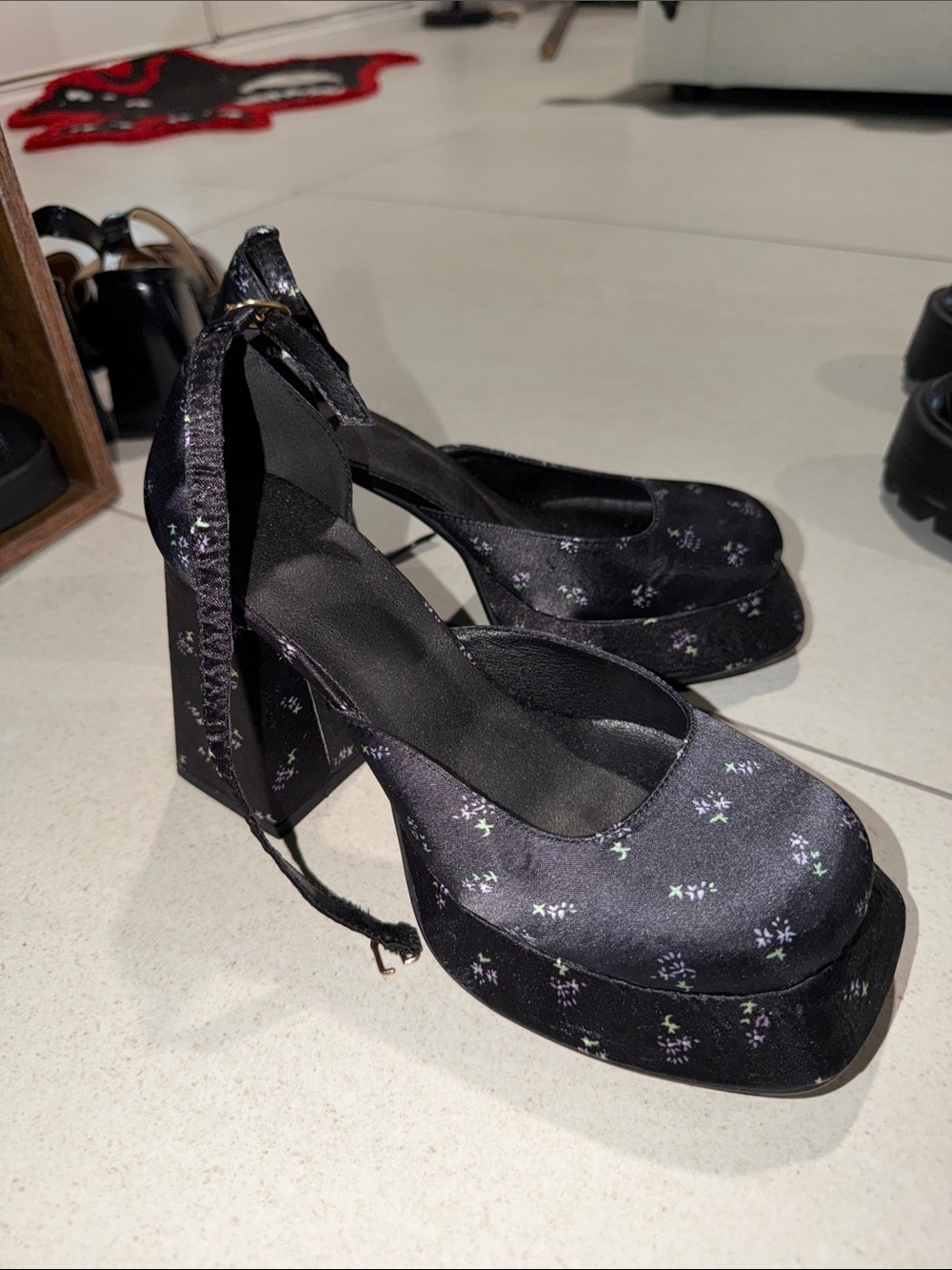 Black Floral Platform Block Heel Ankle-Tie Pumps